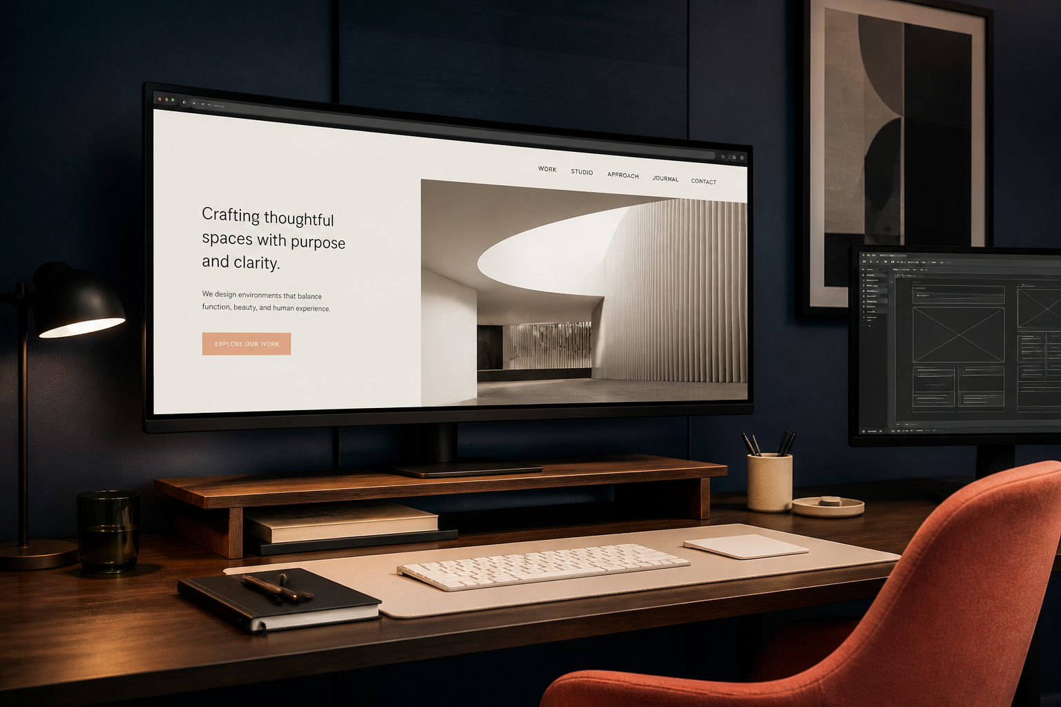 A design studio monitor showing a website in progress
