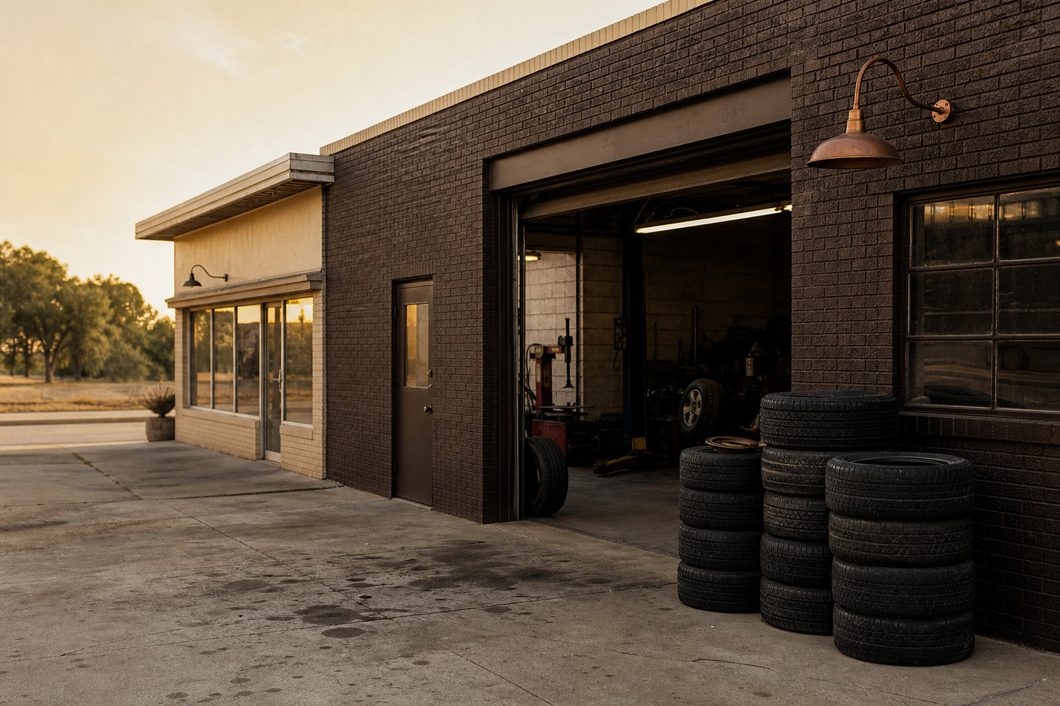 Tire shop at golden hour